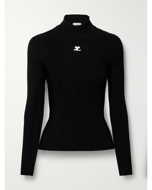Courreges Black Reedition Embroidered Ribbed-Knit Turtleneck Sweater