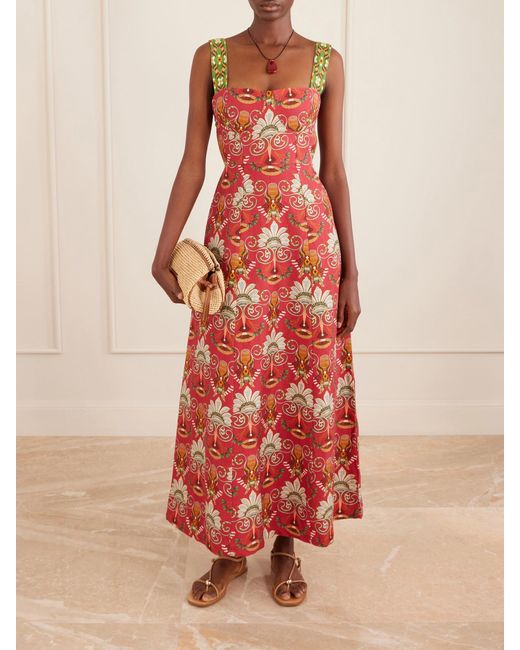 Emporio Sirenuse Red Azzurra Open-Back Floral-Print Linen And Cotton-Blend Midi Dress