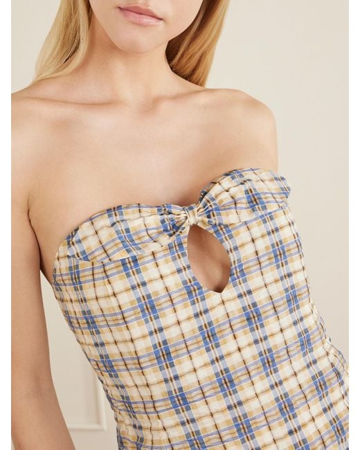 BERNADETTE White Bow-Embellished Checked Seersucker Midi Dress