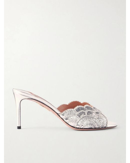 Aquazzura Natural Ce Soir 75 Embellished Metallic Leather Mule