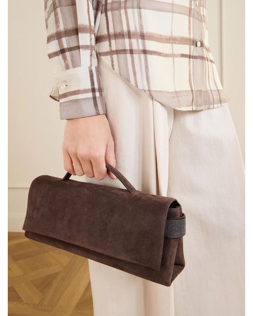 Brunello Cucinelli Brown Bead-Detailed Suede Clutch