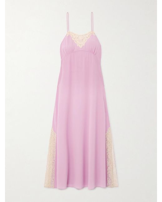 Chloé Pink Lace-Trimmed Silk Crepe De Chine Midi Dress