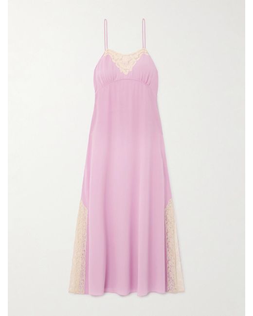 Chloé Pink Midikleid Aus Crêpe De Chine Aus Seide Mit Spitzeneinsätzen