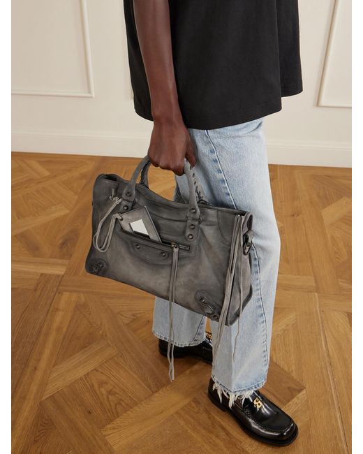 Balenciaga Gray Le City Medium Embellished Suede Shoulder Bag