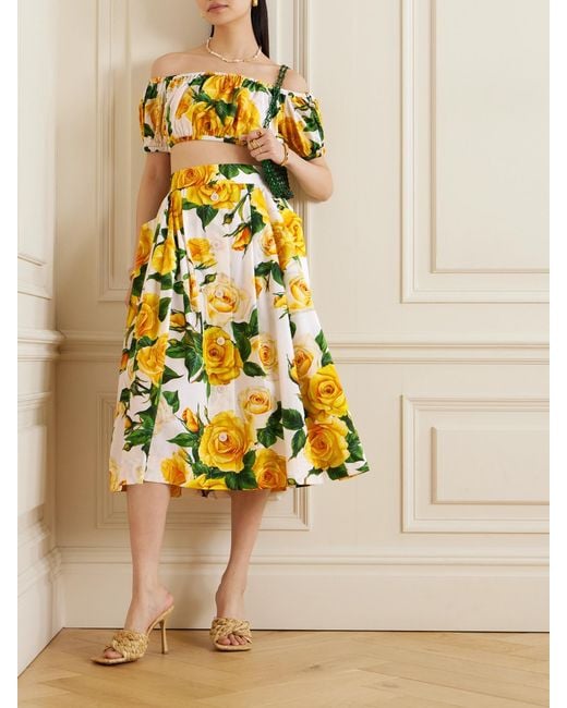 Dolce & Gabbana Blue Off-The-Shoulder Floral-Print Cotton-Poplin Top