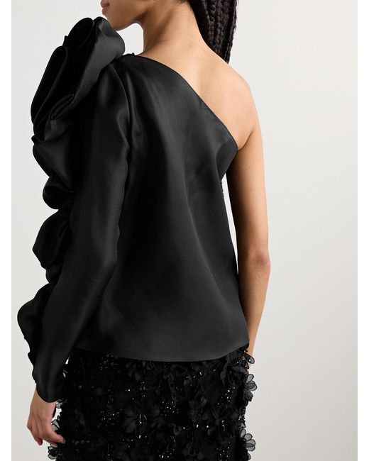Carolina Herrera Black One-Sleeve Ruffled Silk-Gazar Top