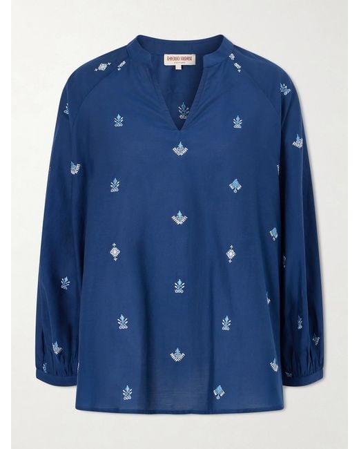 Emporio Sirenuse Blue Ilizia Embroidered Cotton And Silk-Blend Blouse