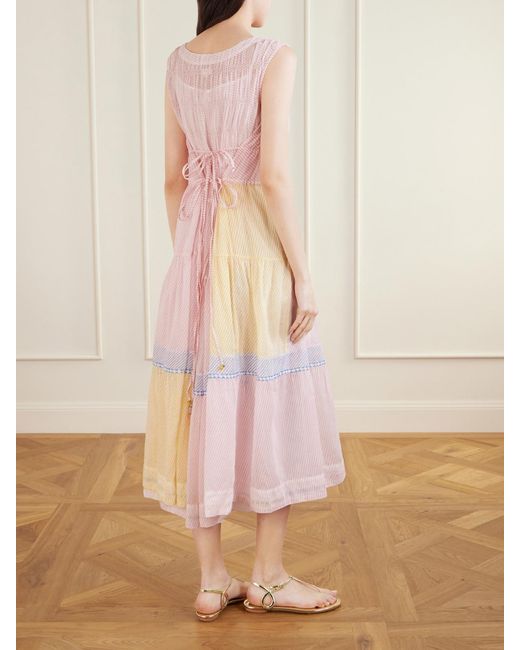 Eka Pink Ember Tie-Detailed Striped Cotton Silk Dress