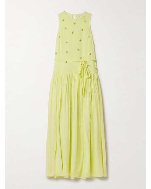 Ulla Johnson Yellow Eleni Belted Embellished Silk-Georgette Maxi Dress
