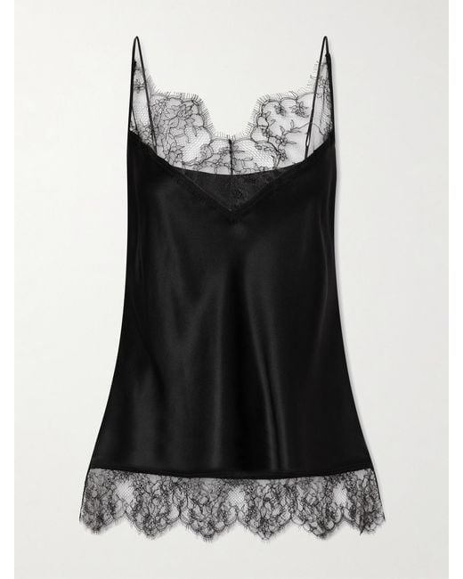 Carine Gilson Black Lace-Trimmed Silk-Satin Camisole