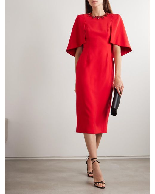 Jenny Packham Red Ursa Cape-Effect Crystal-Embellished Crepe Midi Dress