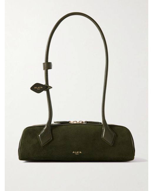 Alaïa Green Le Teckel Small Leather-Trimmed Suede Shoulder Bag