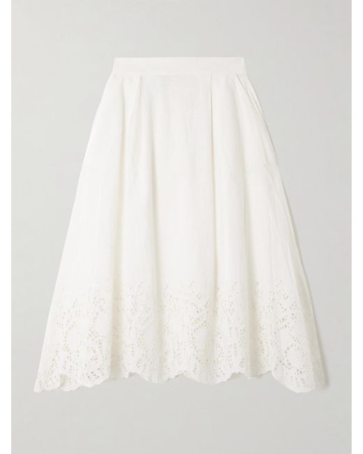Thierry Colson White Wynona Pleated Broderie Anglaise Linen And Cotton-Blend Midi Skirt
