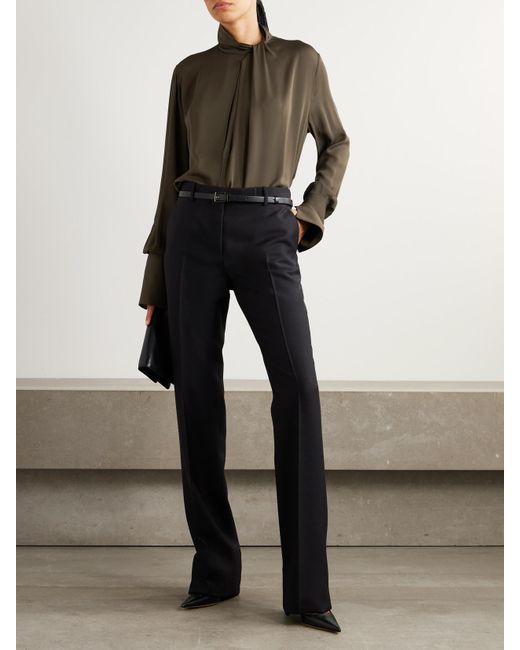 Tom Ford Green Cutout Draped Pleated Silk-Georgette Blouse