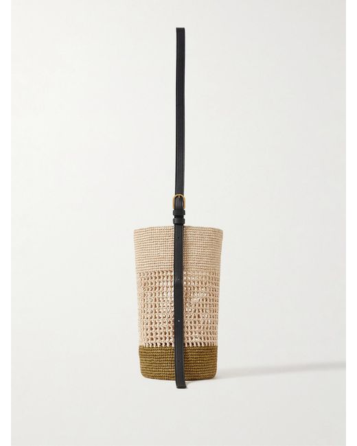 Khaite White Billie Leather-Trimmed Two-Tone Raffia Bucket Bag