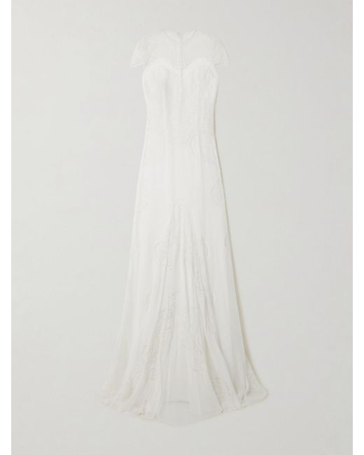 Costarellos White Zephira Embroidered Chantilly Lace-Trimmed Silk-Chiffon Gown
