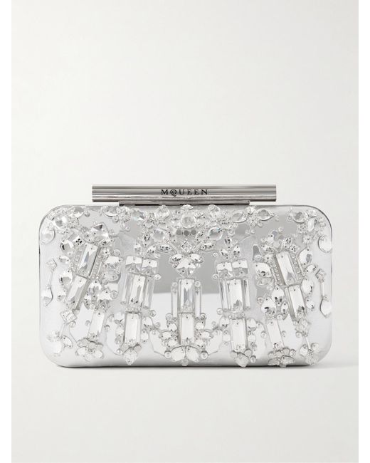 Alexander McQueen Gray T-Bar Crystal-Embellished Metallic Leather Clutch