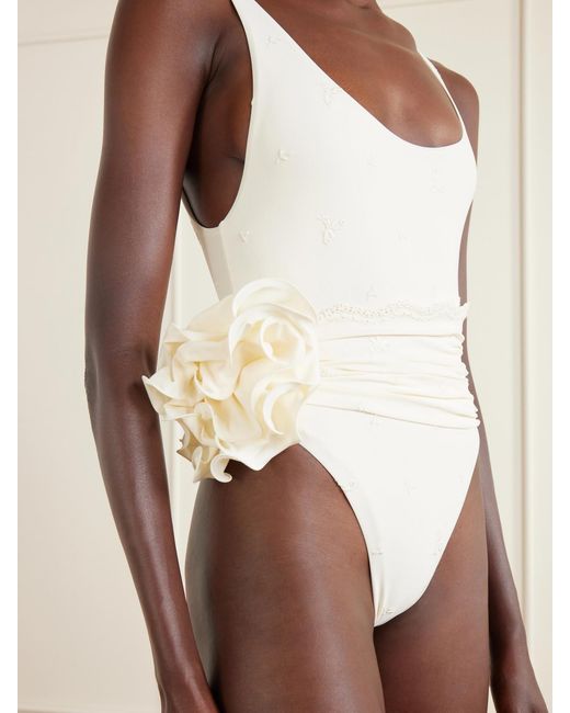Magda Butrym White Embellished Lace-Trimmed Swimsuit