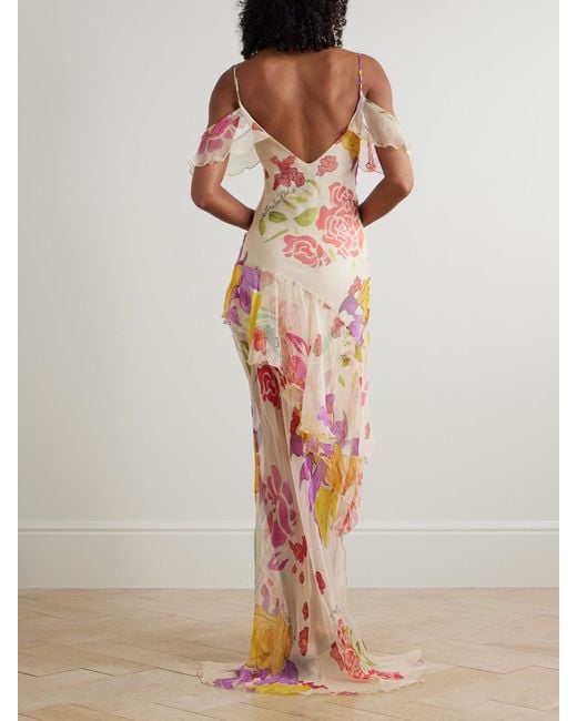 Donde Esteban White Flores Maxikleid Aus Seidenchiffon Mit Blumenprint Und Volants