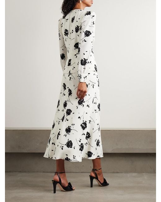 Alessandra Rich White Embellished Pleated Floral-Print Silk Crepe De Chine Midi Dress
