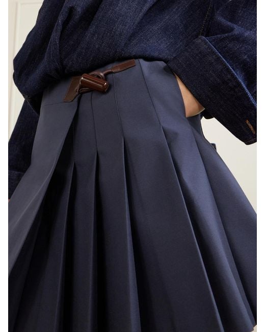 Loewe Blue Pleated Leather-Trimmed Cotton-Blend Mini Skirt