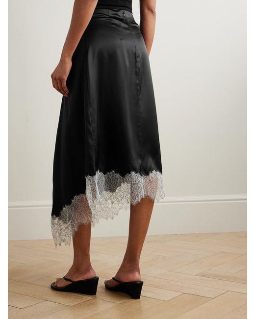 Staud Black Sonoma Asymmetric Gathered Lace-Trimmed Silk-Blend Satin Midi Skirt