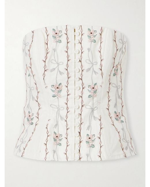 Agua Bendita Natural Abelia Navegante Floral-Embroidered Linen Corset Top