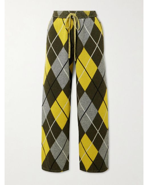 The Elder Statesman Yellow Argyle Cashmere-Jacquard Straight-Leg Track Pants