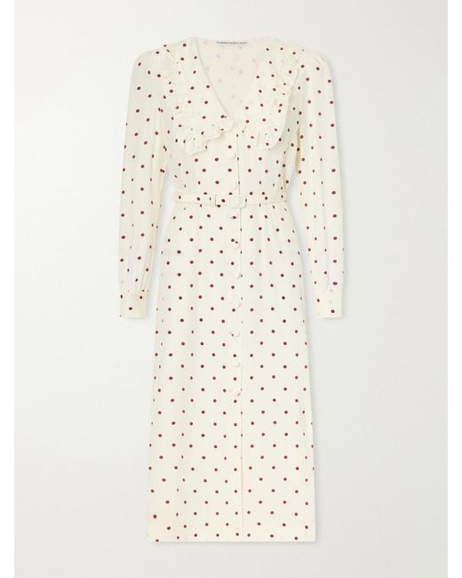 Alessandra Rich Natural Belted Polka-Dot Silk-Crepe Midi Dress