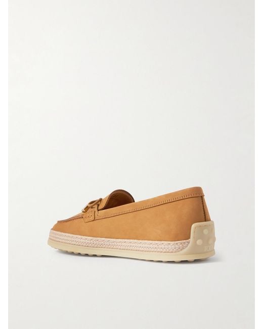 Tod's Brown Gomma Raffia-Trimmed Bow-Detailed Suede Loafers