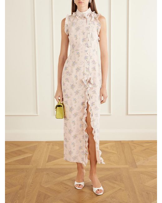 Alessandra Rich White Ruffled Floral-Print Silk Midi Dress