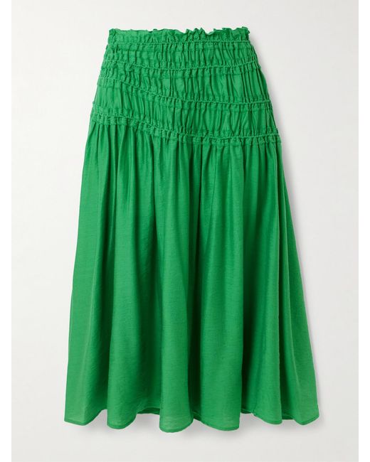 Tory Burch Green Ruffled Smocked Lyocell-Blend Midi Skirt