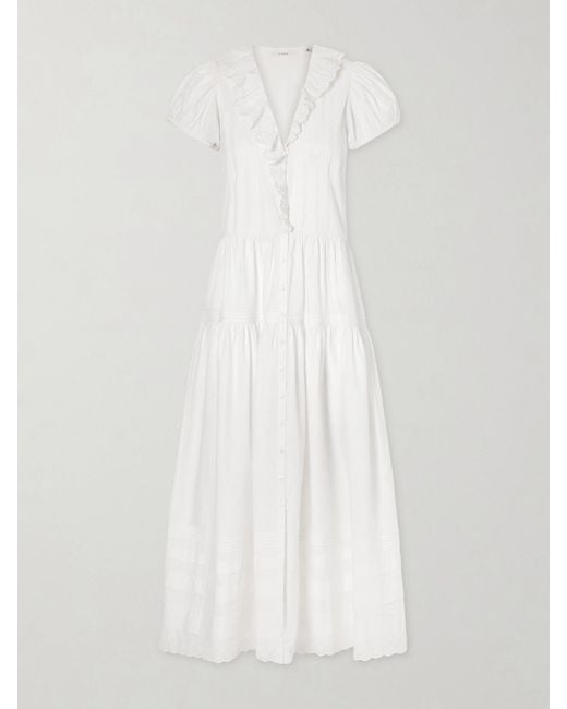 Doen White Eliette Ruffled Brodeire Anglaise-Trimmed Organic Cotton Midi Dress