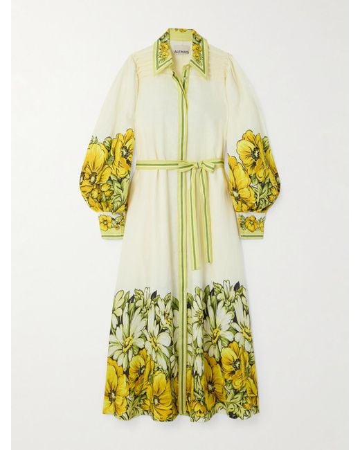 ALÉMAIS Yellow Gisela Belted Floral-Print Linen Maxi Shirt Dress