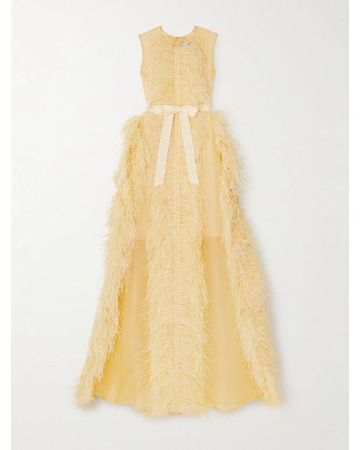 Huishan Zhang Yellow Beau Feather And Grosgrain-Trimmed Silk-Organza Gown