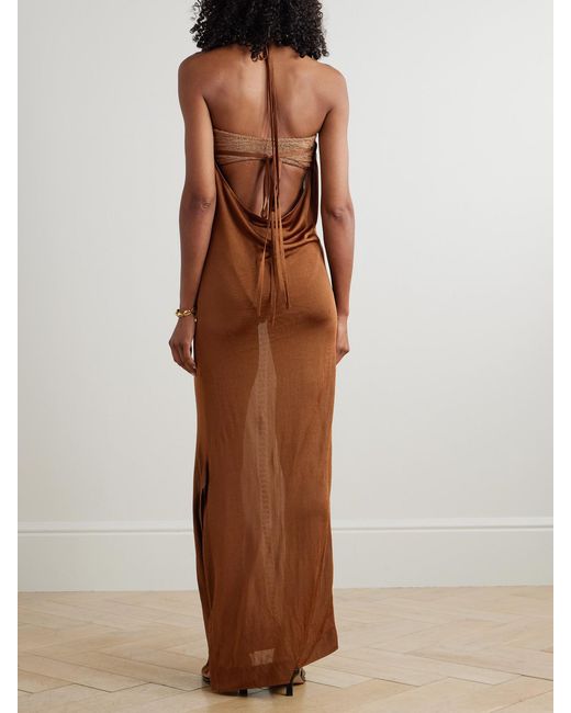 Donde Esteban Brown Guayabera Pointelle-Knit Maxi Dress