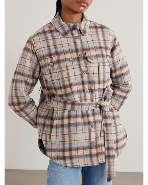 Veronica Beard Natural Mikaela Jacke Aus Kariertem Flanell Mit Bindegürtel