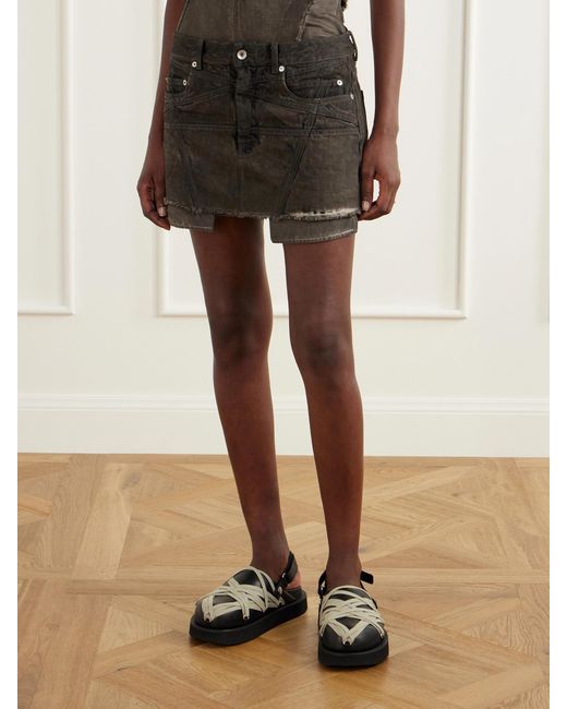 Rick Owens Gray Drkshdw Lana Paneled Frayed Denim Mini Skirt