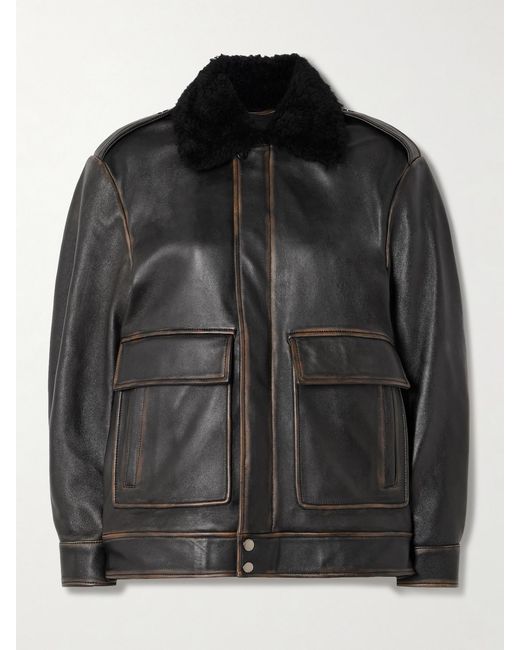 Nour Hammour Black Drey Distressed Shearling-Trimmed Leather Jacket