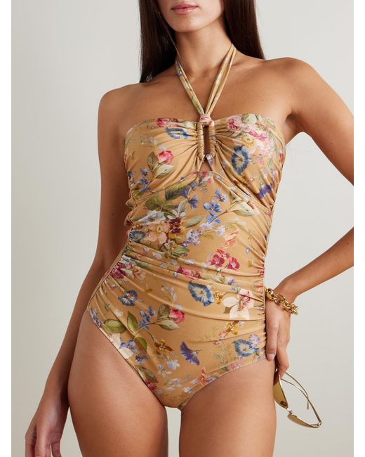 Zimmermann White Patience Ruched Floral-Print Halterneck Swimsuit