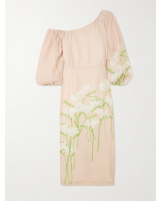BERNADETTE Natural Cara Off-The-Shoulder Gathered Floral-Print Linen Midi Dress