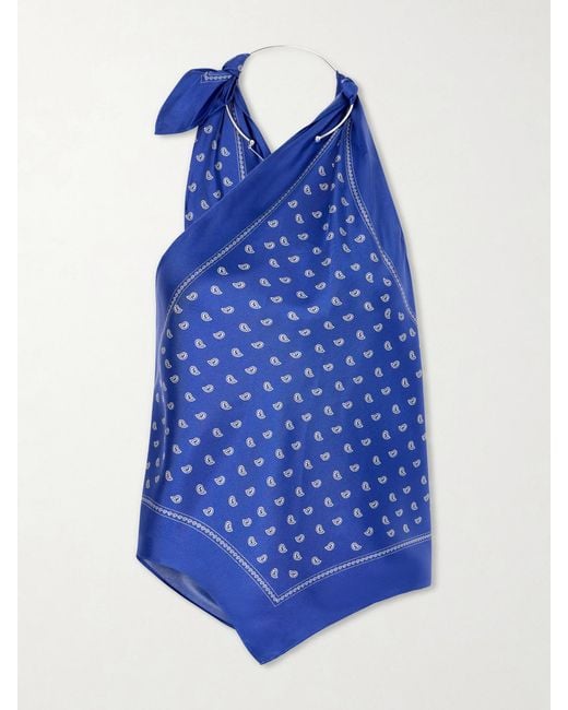 Christopher Esber Blue One-Shoulder Embellished Bandana-Print Silk Top