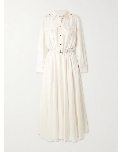 Loro Piana Natural Lela Midi-Hemdblusenkleid Aus Shantung-Seide Mit Ledergürtel