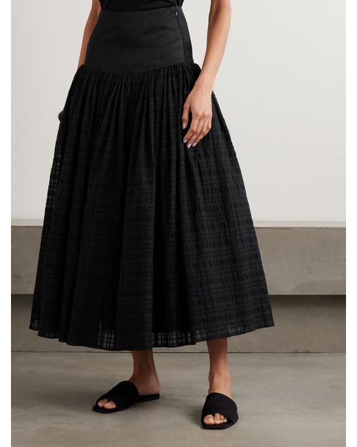 Abadia Black Satin-Trimmed Pleated Checked Gauze Maxi Skirt