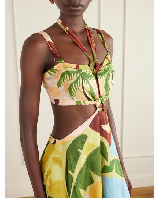 Farm Rio White Tropical Painting Cut-Out Satin-Jersey Midi Dress