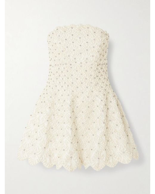 Clio Peppiatt Natural Scallop Strapless Embellished Taffeta Mini Dress