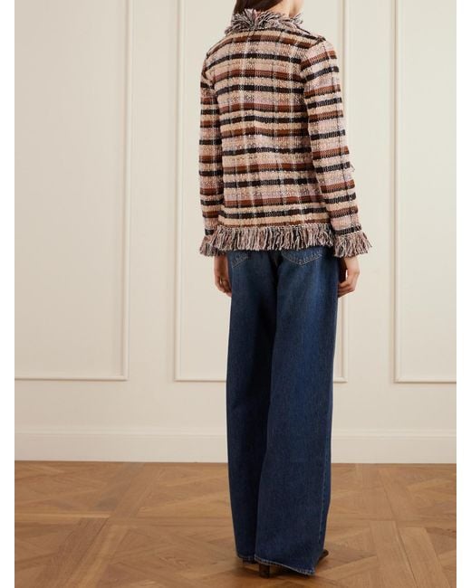 Etro Gray Fringed Checked Tweed Jacket