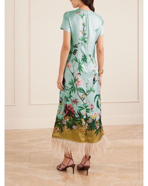 LaDoubleJ Blue Swing Feather-Trimmed Printed Silk-Twill Maxi Dress