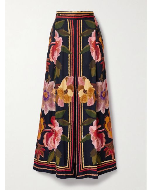 Farm Rio Red Wrap-Effect Pleated Floral-Print Twill Wide-Leg Pants