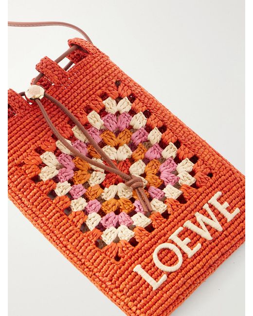 Loewe White Paula's Ibiza Logo-Trimmed Leather-Trimmed Crocheted Raffia Bucket Bag